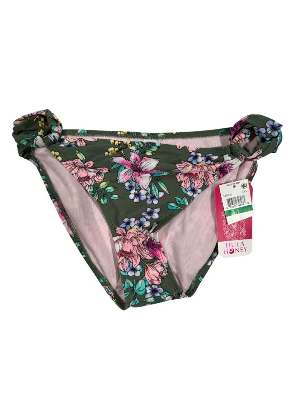 Hula Honey Floral Bikini Bottom Side Tie Olive Adjustable Size L Nylon/Spandex